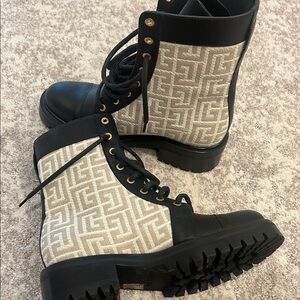 Balmain Black & Beige Monogram Canvas Combat Boots